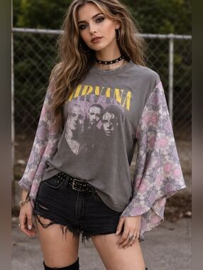 Upcycled Nirvana Band Tee With Flow Sleeves